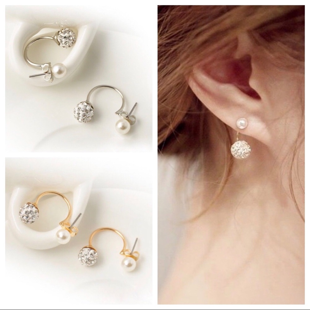 Double sided jacket stud earrings pearl crystals